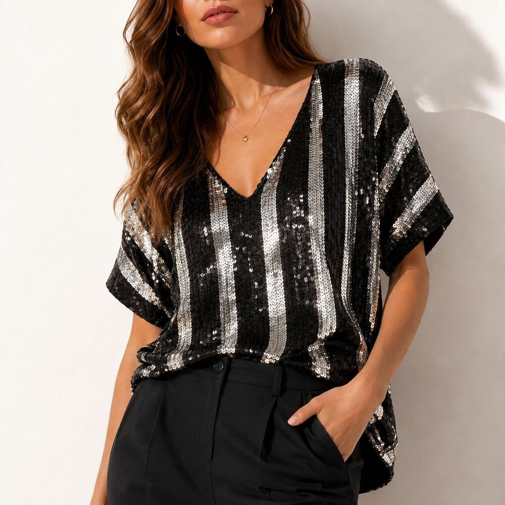 Vintage Silk Sequin Top Black Silver Striped Disco Party Cocktail Glam Blouse S